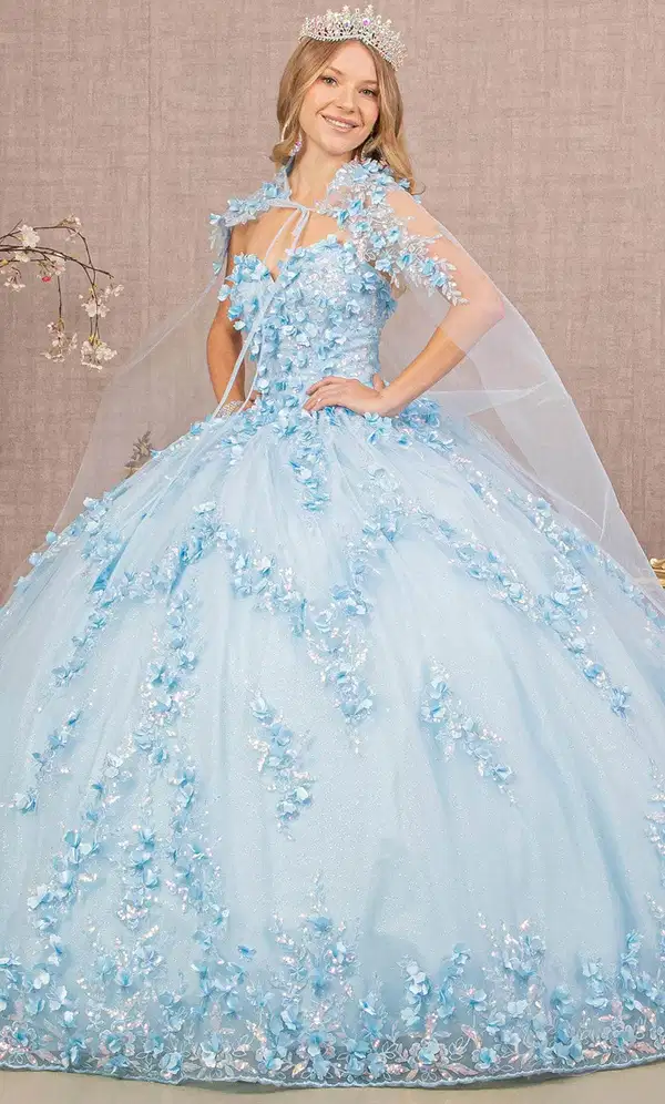 Blue Floral Strapless Caped Ball Gown - Dresses