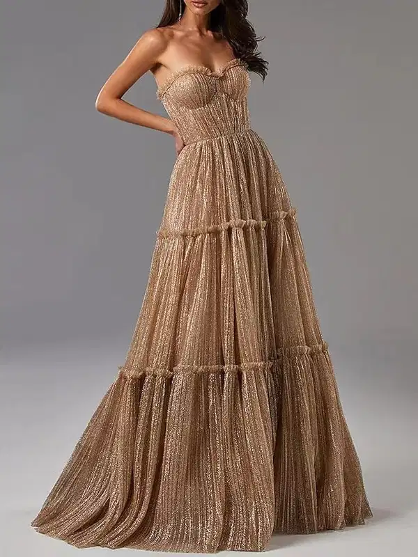 Aline Glitter Pleated Tulle Gown - Dresses