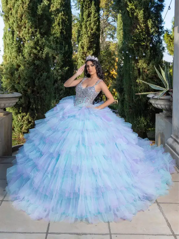 Sky Blue Ruffled Ball Gown by LizLuo - Dresses