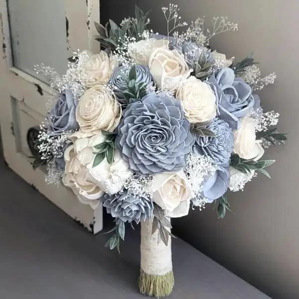 Dusty Blue and Ivory Artificial Flower Bouquet - Ramos