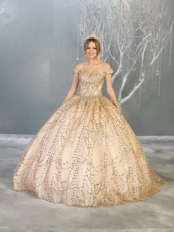 Champagne Off the Shoulder Quince Gown - Dresses