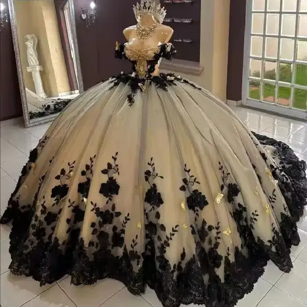 Black 3D Floral Applique Gown - Dresses