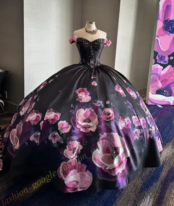 Black Floral Embroidered Gown - Dresses