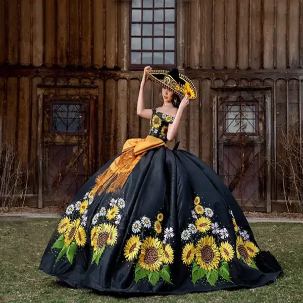 Black Floral Charro Gown - Dresses