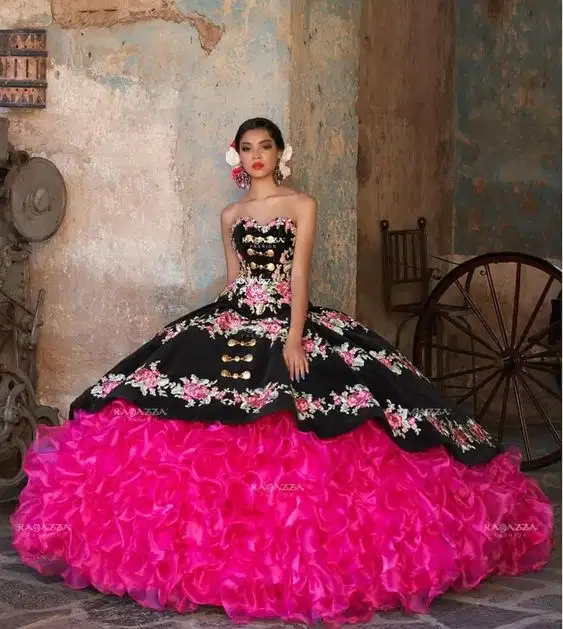 Black and Pink Charro Gown - Dresses