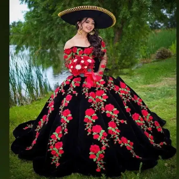 Mexican Style Black and Red Charro Gown - Dresses