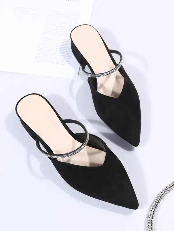 Black Suede and Rhinestone Low Heeled Mule - Shoes