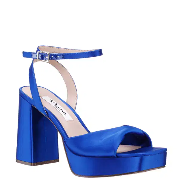 Electric Blue Satin Block Heel Platform Sandals - Shoes