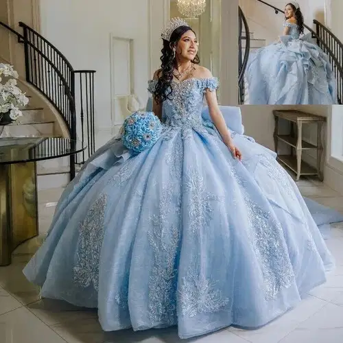 Shiny Sky Blue Lace Applique Gown - Dresses