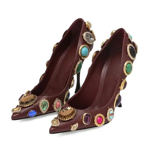 Brown Crystal Embellished Stiletto Heels - Shoes