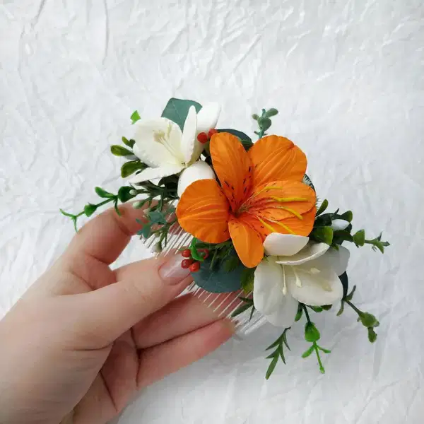 Orange and Ivory Calla Lilly Flower Hair Comb - Headpieces