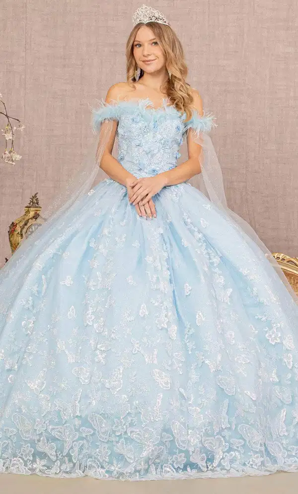Butterfly Print Off Shoulder Ball Gown - Quinceañera Dresses