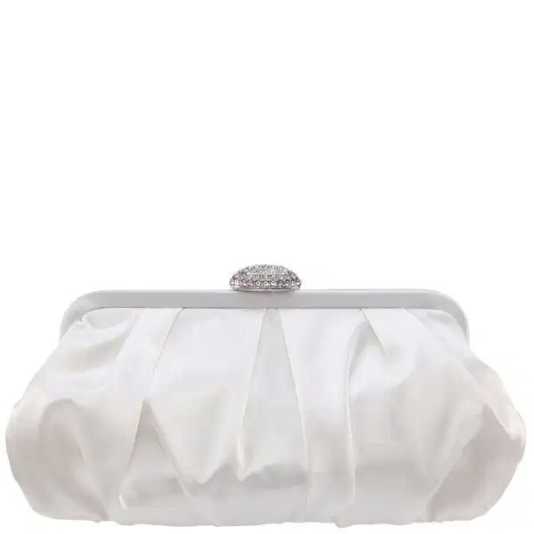 White Satin Clutch with Crystal Clasp - Purses