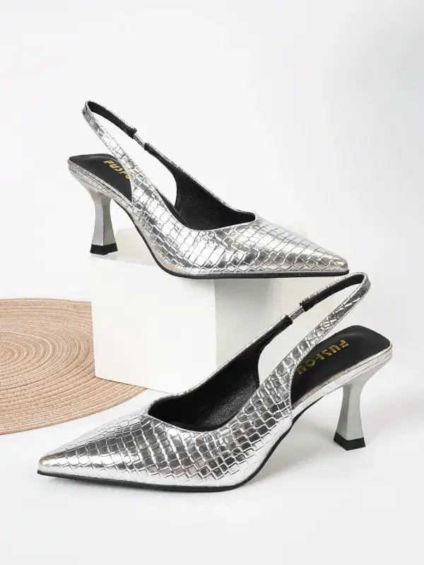 Crocodile Embossed Silver Slingback Pumps - Shoes