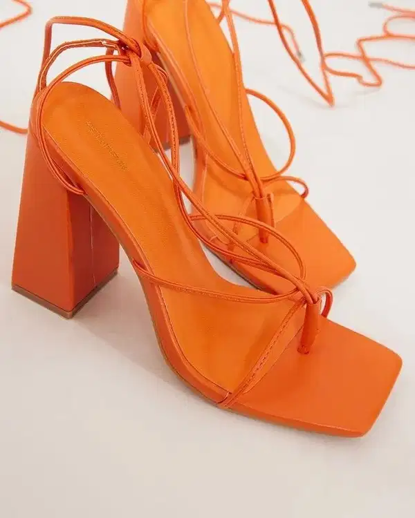 Orange Lace Up Strappy Straps Chunky Heel Sandals - Shoes