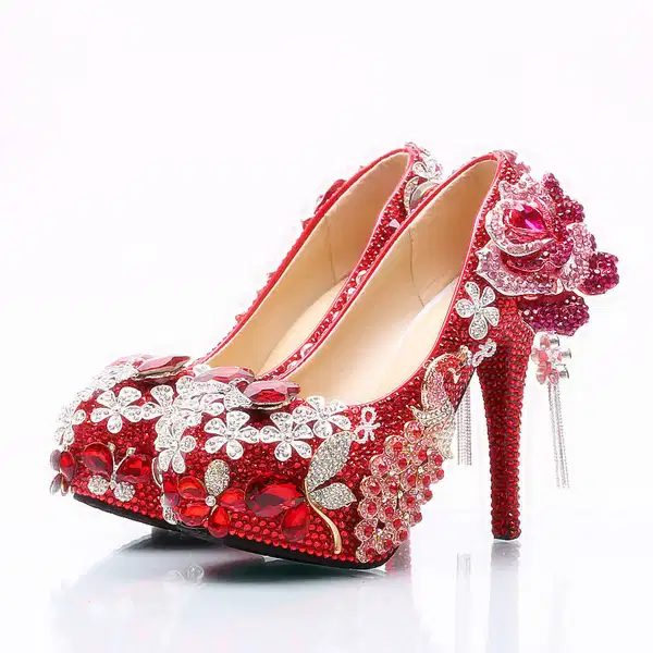 Bejeweled Red Decorated Stiletto Pumps - Shoes