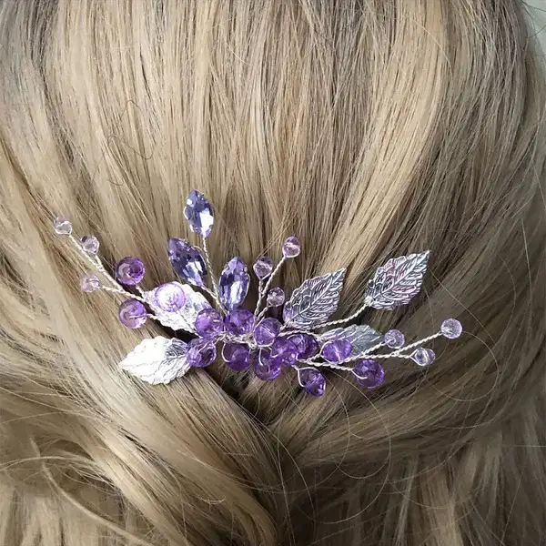 Crystal Leaf Lilac Hair Comb - Headpieces