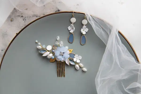 Dusty Blue Floral Hair Comb - Headpieces