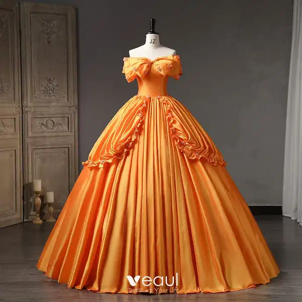 Elegant Orange Applique Gown - Dresses