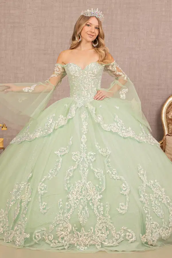 Embroided Bell Sleeve Ball Gown - Dresses