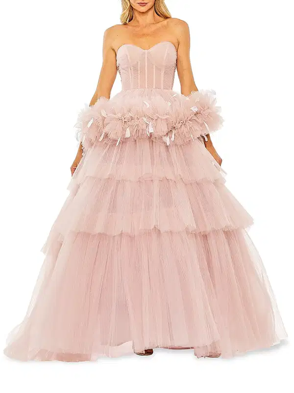 Strapless Pink Tulle Gown with Feather Detail - Dresses