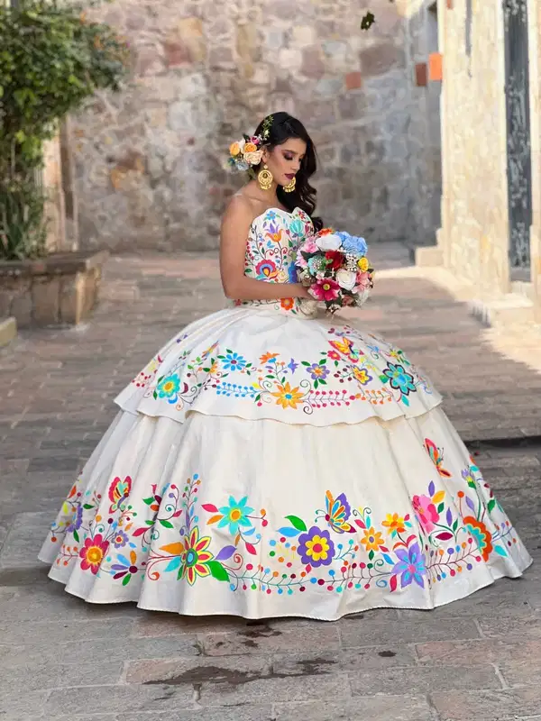 Floral Embroidered Quinceanera Dress - Dresses