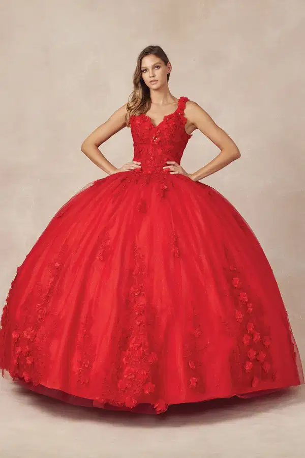 Red Floral Sleeveless Quinceanera Gown - Dresses