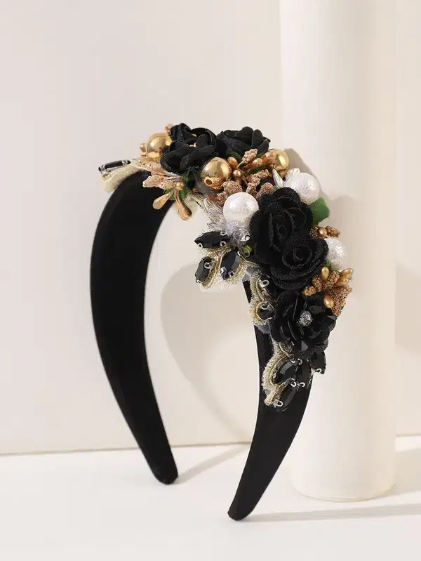Elebant Black and Gold Floral Headband - Headpieces