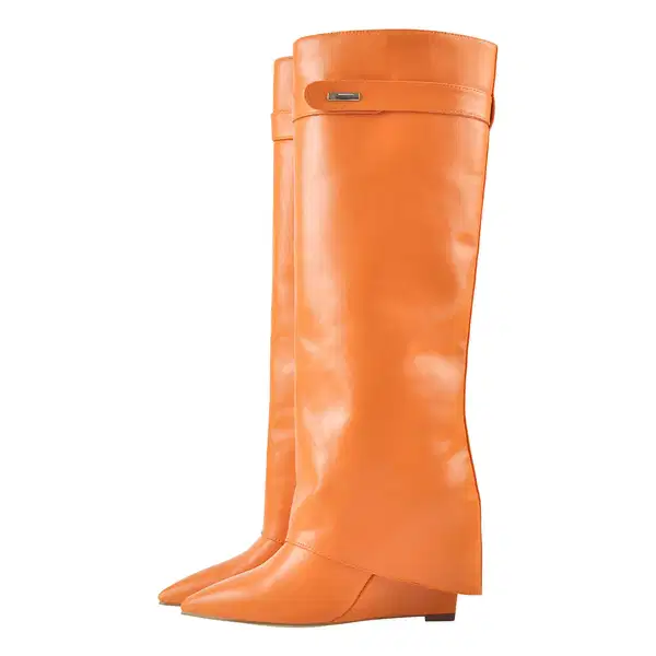 Fold Over Wedge Pointed Toe Orange Boots - Shoes