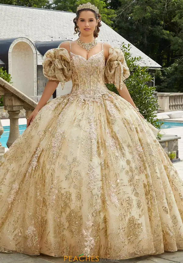 Gold Patterned Glitter Quinceañera Dress - Dresses