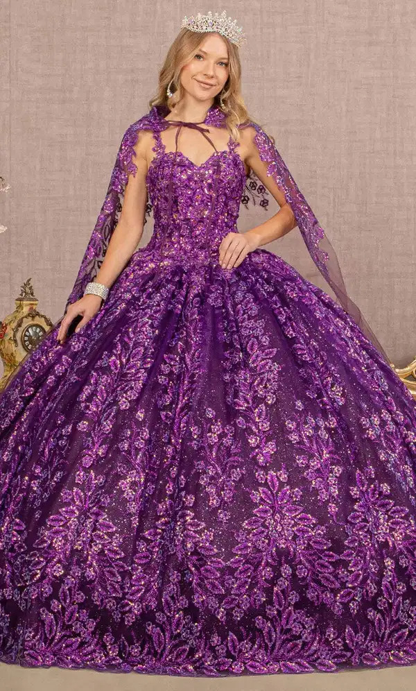 Purple Glitter Sleeveless Cape Ball Gown - Dresses