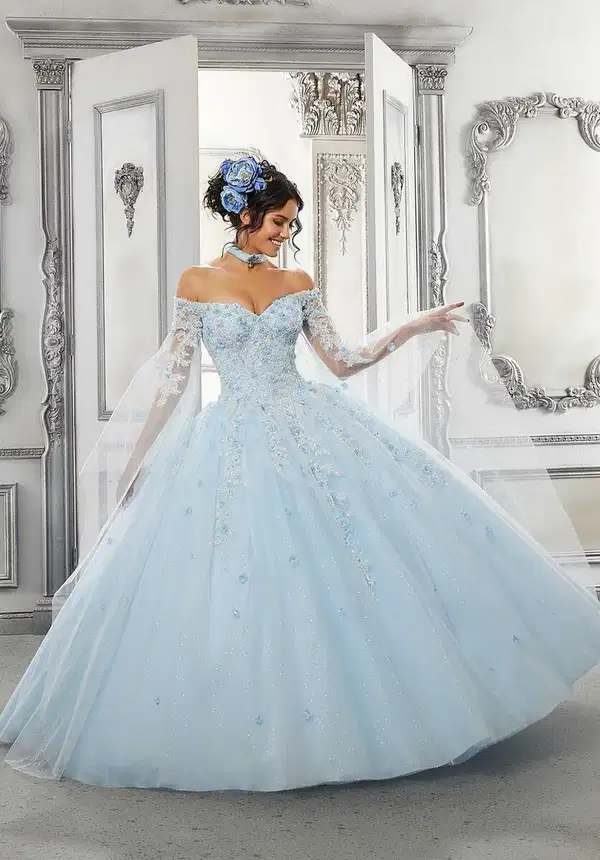 Golden Blue Ruffled Gown - Dresses