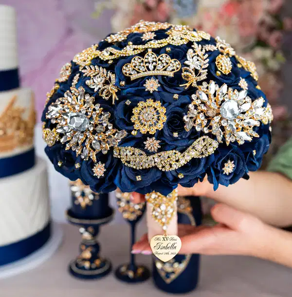Royal Navy Blue and Gold Quinceanera Bouquet - Ramos