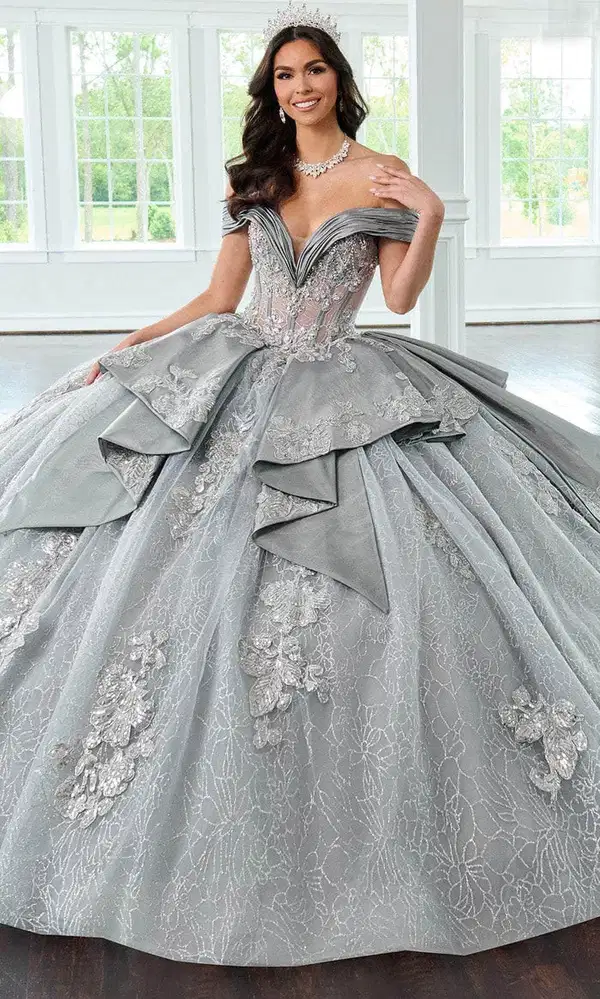 Gray Tulle Applique Ball Gown - Dresses