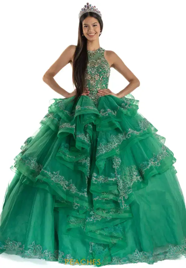 Green High Neck Ruffle Quince Gown - Dresses