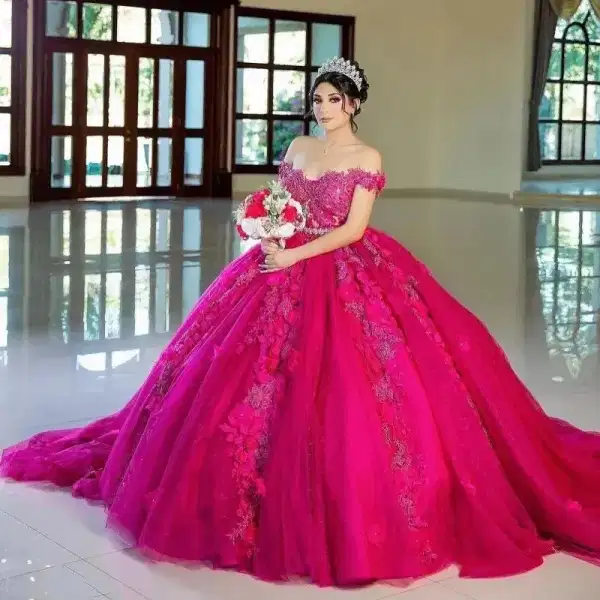 Hot Pink Asymmetrical Gown - Dresses