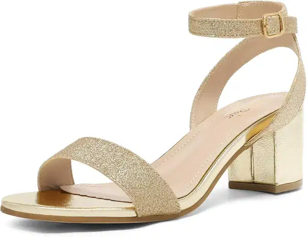 Gold Sparkly Chunky Block Heel Sandals - Shoes