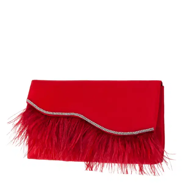 Kaidy Red Rouge Satin and Feathers Clutch - Purses
