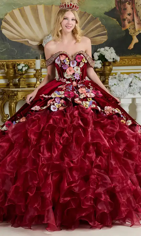 Red Velvet Ruffled Tulle Gown - Dresses