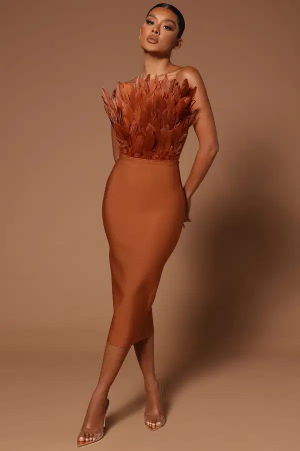 Alyia Feather Bandage Midi Dress - Dresses