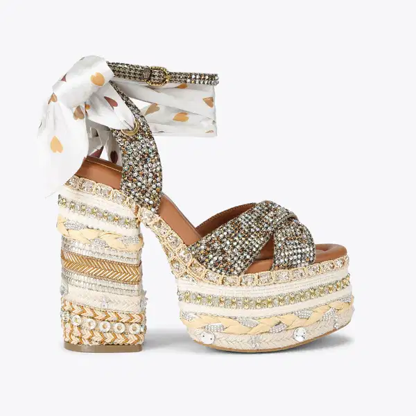 Scarf Crystal Embellished Houndstooth Platform Sandals - Shoes