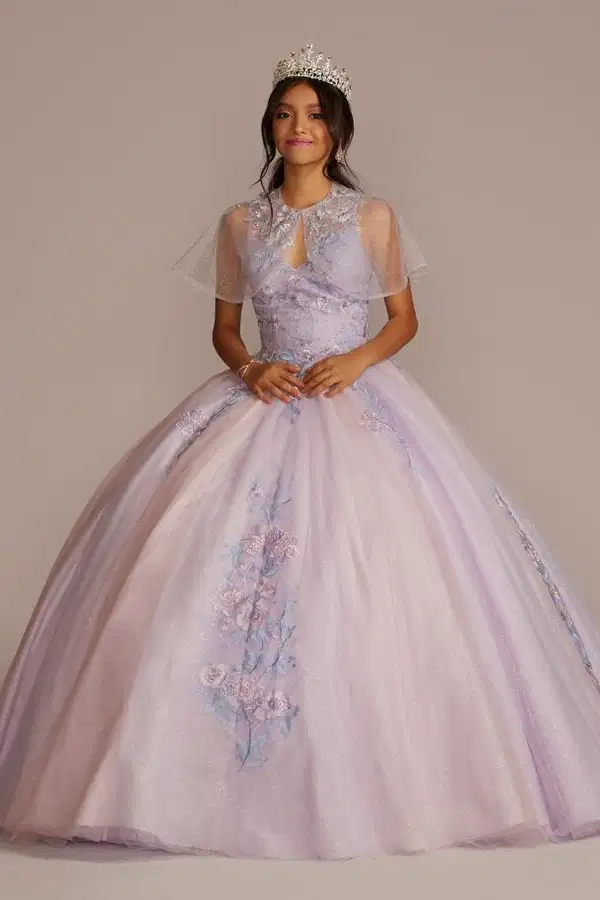 Lilac Floral Gown with Capelet - Dresses