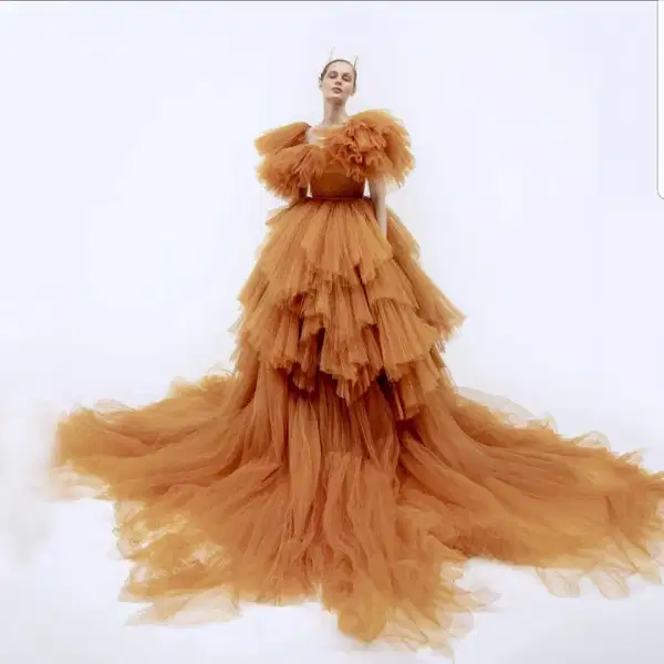 Bronze Tiered Tulle Gown - Dresses