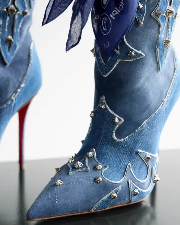 Denim and Suede Bandana Western Ankle Boots - Shoes