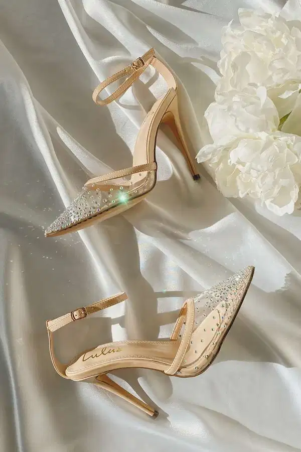 Light Nude Rhinestone Ankle Strap Pumps - Shoes