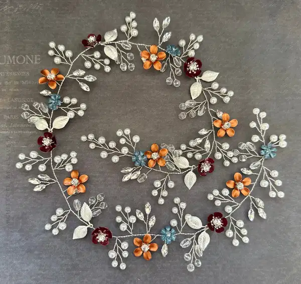 Orange Beaded Floral Hair Vine - Headpieces