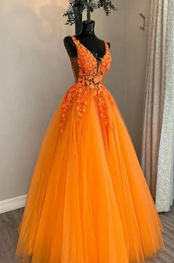 Orange Sequined High Slit - Dresses