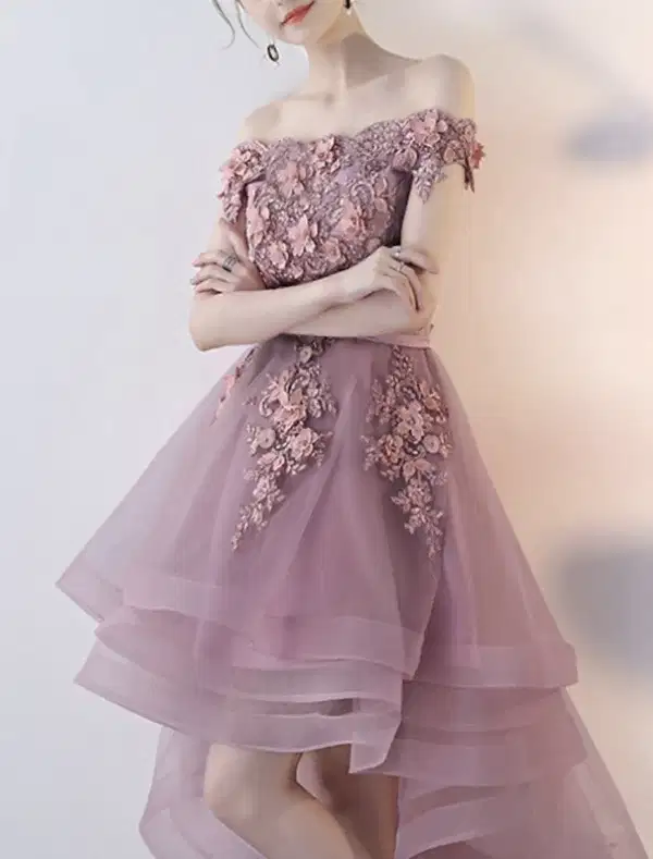 Lilac Blossom High-Low Embroidered Dress - Dresses