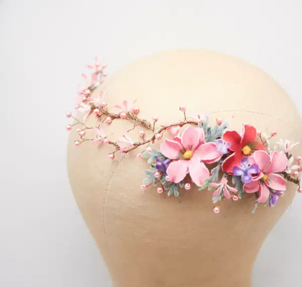 Pink Floral and Pearl Hair Vine - Headpieces