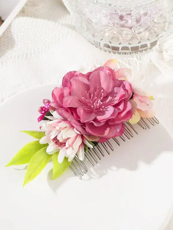 Pink Floral Hair Comb - Headpieces